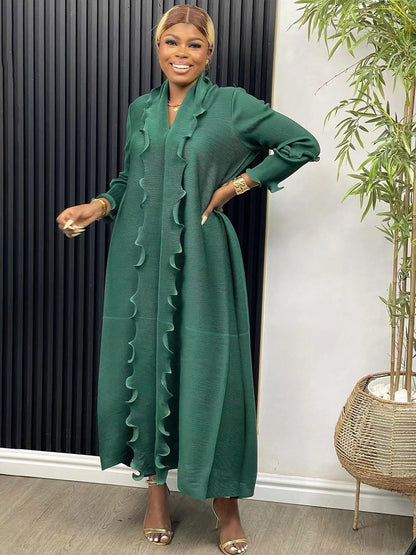 EGRM Miyake Pleated Maxi Long Dress Solid Ruffles Full Sleeve with Belt Formal Dresses for Women  Summer New Hot Sales 8R295