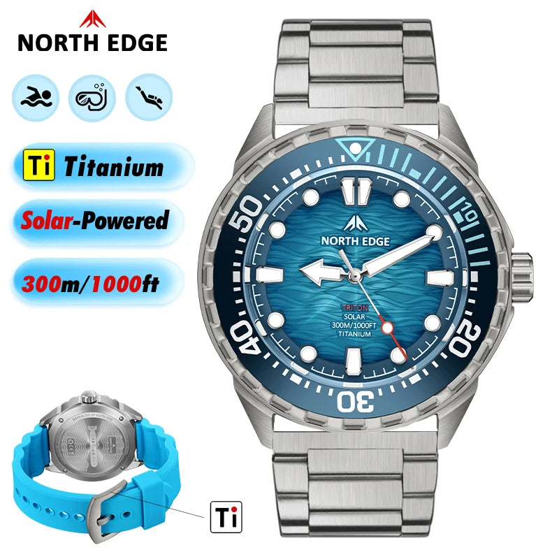 NORTH EDGE TRITON-TI Titanium Solar-Powered Diving Watch High Quality Quartz Watches for Man NEW 300M Waterproof Men Watch Reloj
