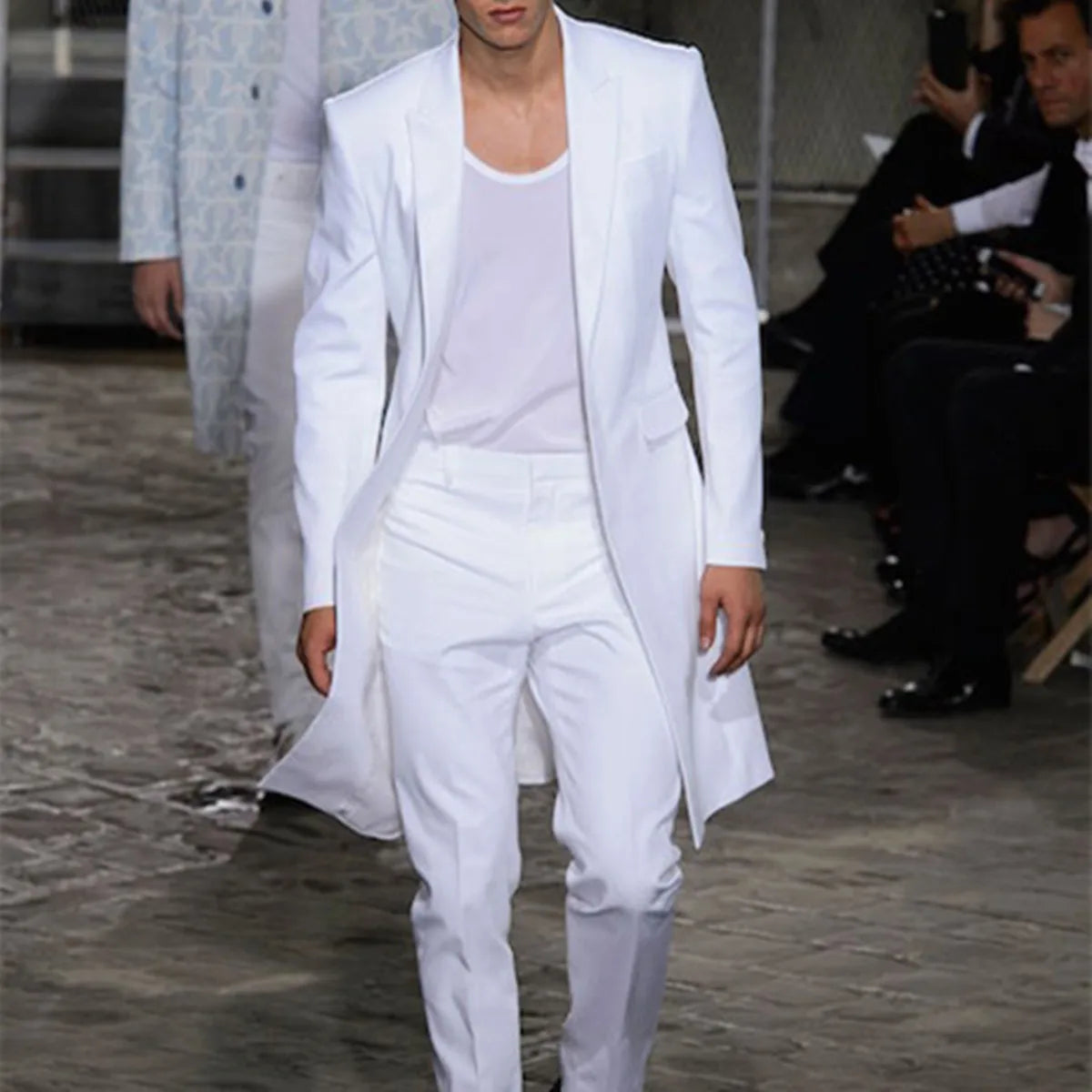 Summer Long Jacket White Trousers Groom Tuxedos Wedding Suits for Men Peaked Lapel Man Blazers 2 Pieces Coat Pants Prom