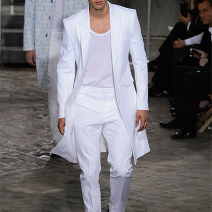 Summer Long Jacket White Trousers Groom Tuxedos Wedding Suits for Men Peaked Lapel Man Blazers 2 Pieces Coat Pants Prom