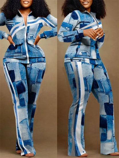 Spring Autumn Two Piece Sets Women Geometric Print Zip Up Top Coat Pants Set Outifits Fashion Tracksuit Casual Elegant Suit