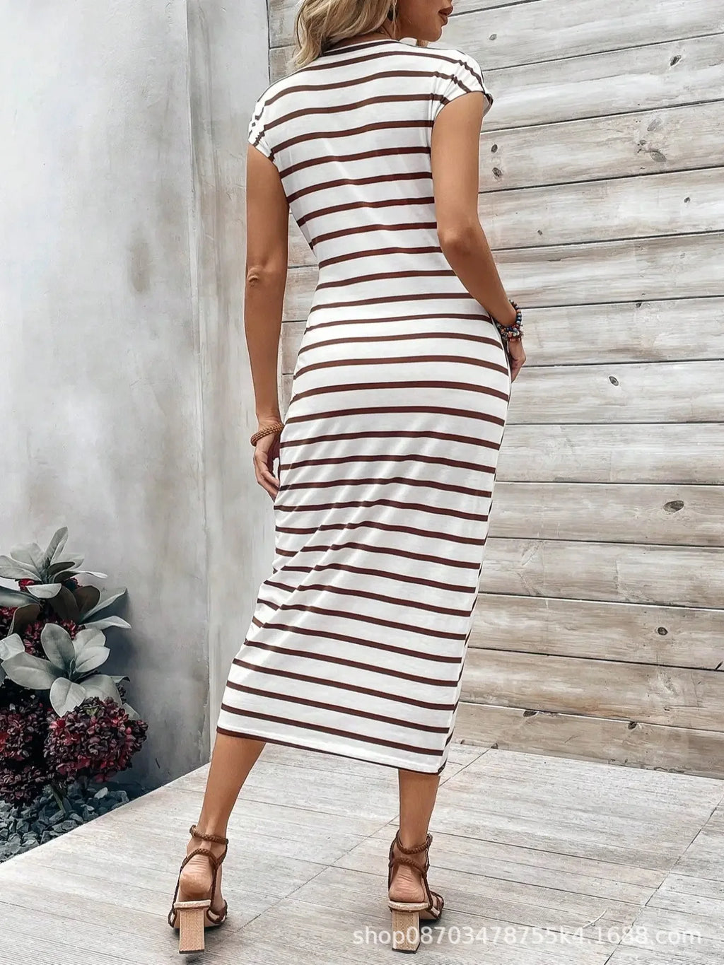 Elegant And Elegant Waist Lace Up Striped Round Neck Short Sleeve Long Dress Summer Party Bodycon Women's Dresses
