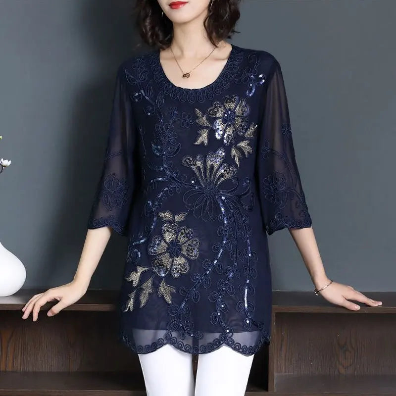 Vintage Floral Embroidery Applique Blouse Casual Loose Spring Summer 3/4 Sleeve Women's Clothing Stylish Sequined O-Neck Shirt