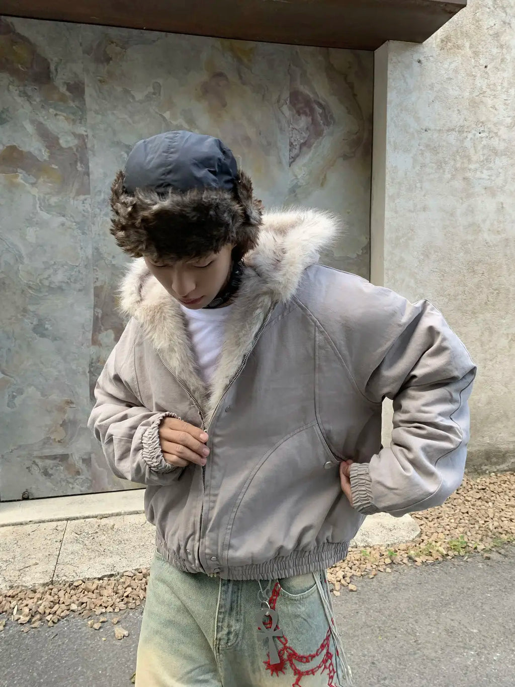 American Retro Woolen Collar Hooded Cotton Jacket Winter Thick Plush Top Men Street Hip-Hop Gothic Harajuku Oversize Jacket Coat