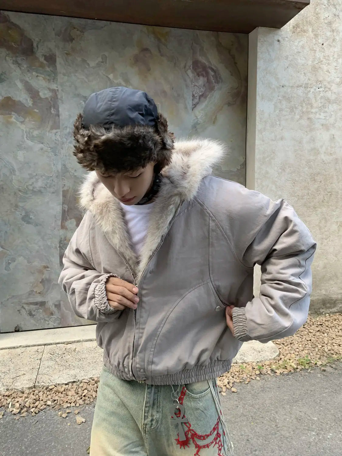 American Retro Woolen Collar Hooded Cotton Jacket Winter Thick Plush Top Men Street Hip-Hop Gothic Harajuku Oversize Jacket Coat