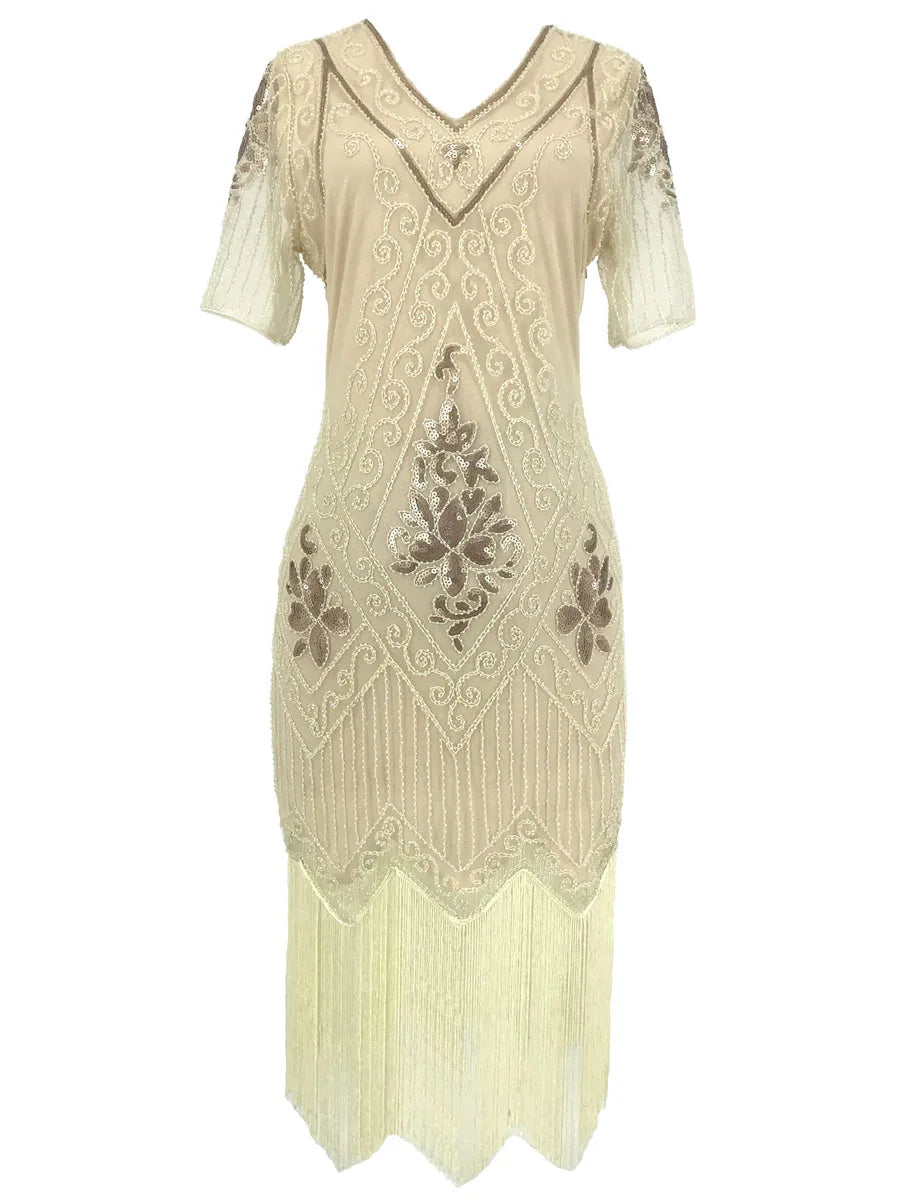 Embellished Beaded Sequin Dress Robe Vestidos Women 1920s Flapper Dress Vintage V Neck Butterfly Sleeve Long Great Gatsby Dress