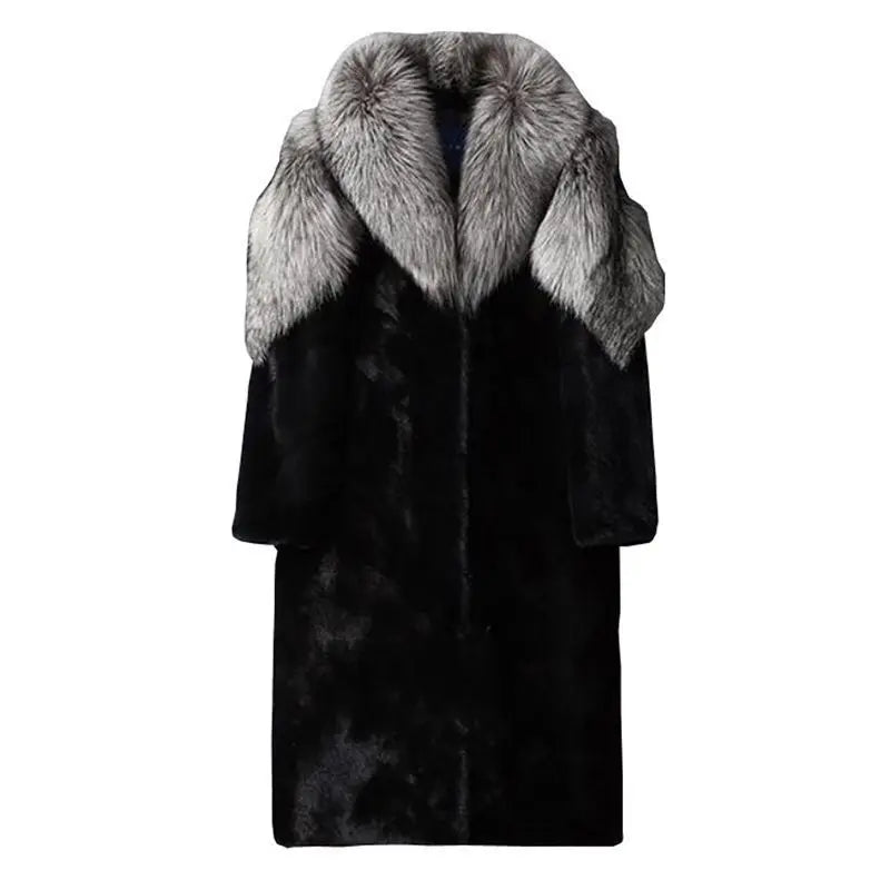 Winter men's silver fox fur collar fur coat, long thick and warm windbreaker, fashionable and elegant coat