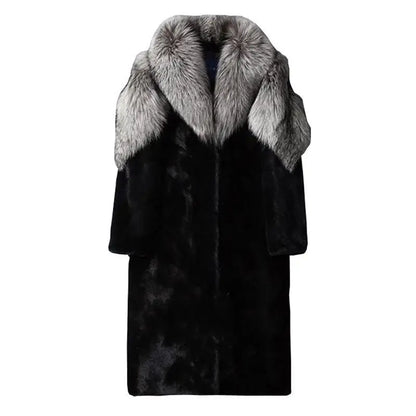 Winter men's silver fox fur collar fur coat, long thick and warm windbreaker, fashionable and elegant coat