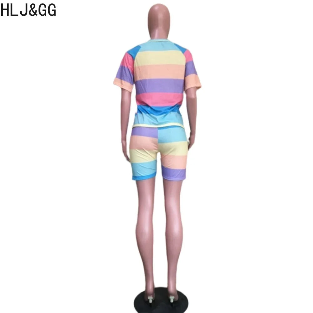 HLJ&GG Summer Color Stripe Stitching Two Piece Sets Women Round Neck Short Sleeve Tshirt + Shorts Outfits Casual 2pcs Home Suits