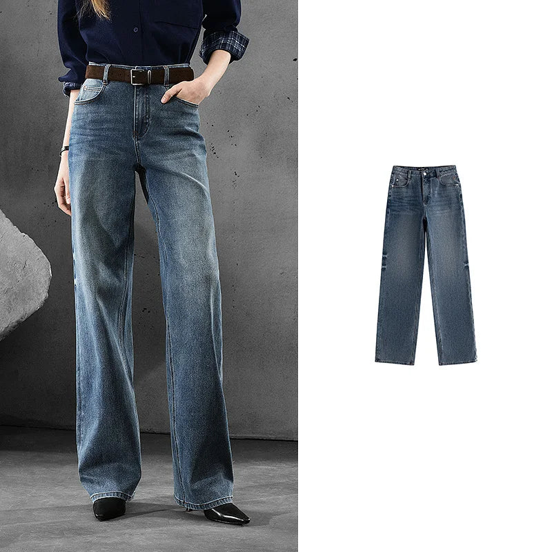 TOYOUTH Women Denim Jeans  Autumn New Lycra Stretch Straight Wide Leg Long pants