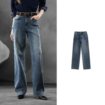 TOYOUTH Women Denim Jeans  Autumn New Lycra Stretch Straight Wide Leg Long pants