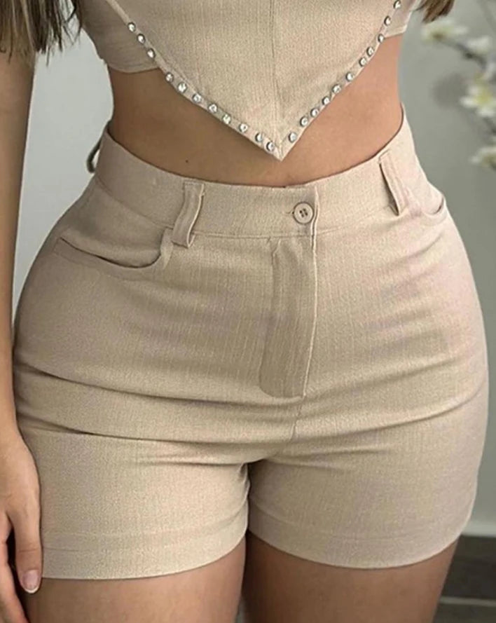 Two Piece Set Women Outfit 2024 Summer Rhinestone Sweetheart Neck Sleeveless Crop Top & Casual Skinny Pocket Daily Shorts Set