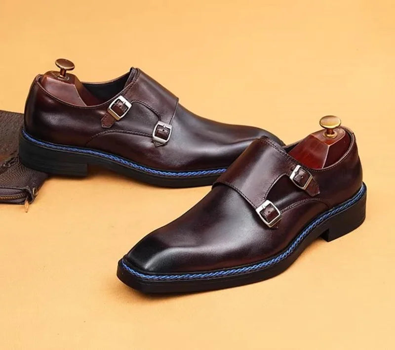Hochwertige Herrenschuhe aus Rindsleder, eckige Zehenpartie, Doppel-Monk-Strap, Herren-Businessschuhe zum Hineinschlüpfen