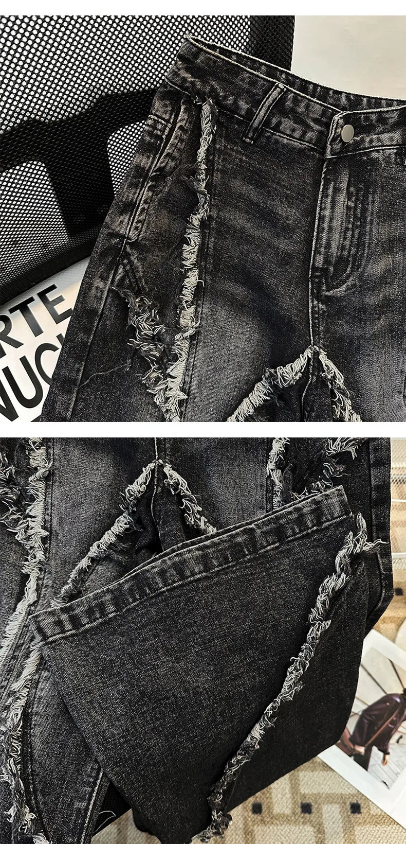 Men's Fringed Denim Set 2026 Spring New American Retro Washed Shoulder Padded Zipper Jacket Splicing Jeans Two Pieces Sets