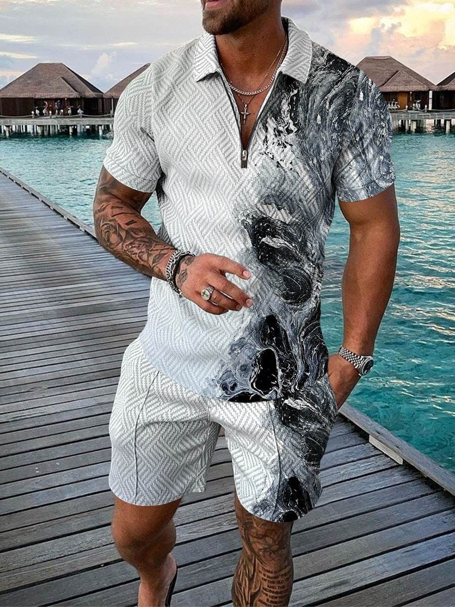 Men Casual Print Outfit 2-Piece Set Short Sleeve Shirt and Shorts Set Tracksuit High Quality Clothing M-3XL For Free Shipping