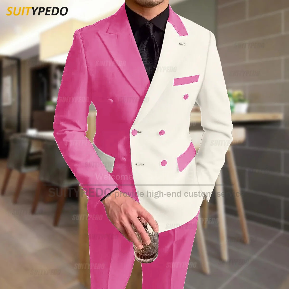 Fashion Black Ivory Splicing Men Suit Casual Party Classic Double Breasted Jacket Evening Dinner Elegant Blazer Pants Outfits