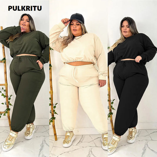 Pulkritu Plus Size Women Jogger Pants Set and Long Sleeve Sweatshirt Fashion Two 2 Piece Set Active Tracksuit Outfits