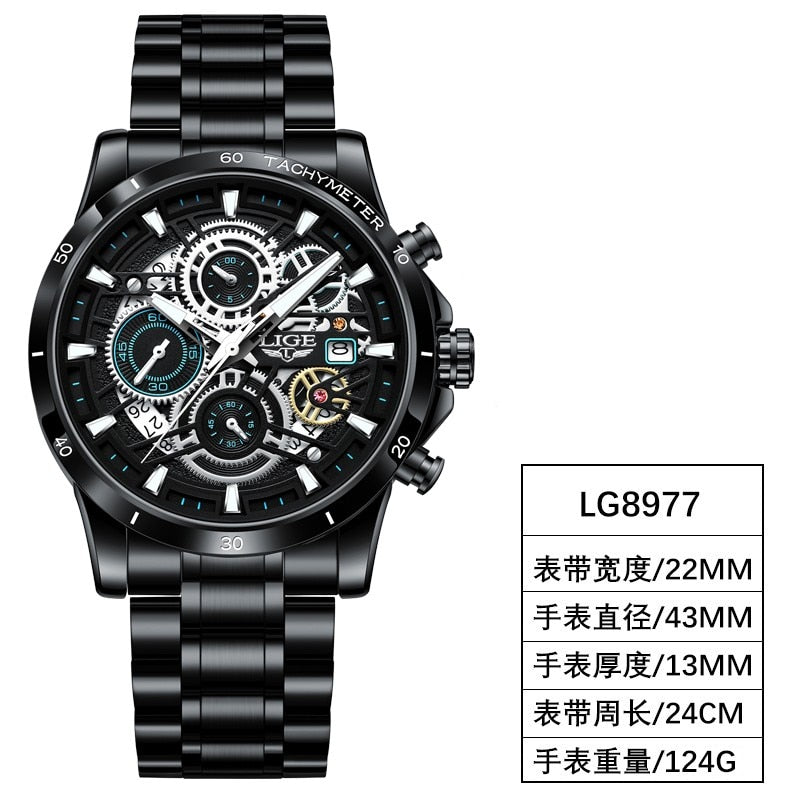 2023 LIGE Mens Watches Top Brand Stainless Steel Hollow Sports Waterproof Quartz Watch Men Military Wristwatch Relogio Masculino