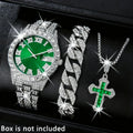 3PCS Luxury Full Diamond Men Watch Bracelet Necklace Set Fashion Hip Pop Men's Calendar Quartz Watches Reloj Mujer?Without Box?