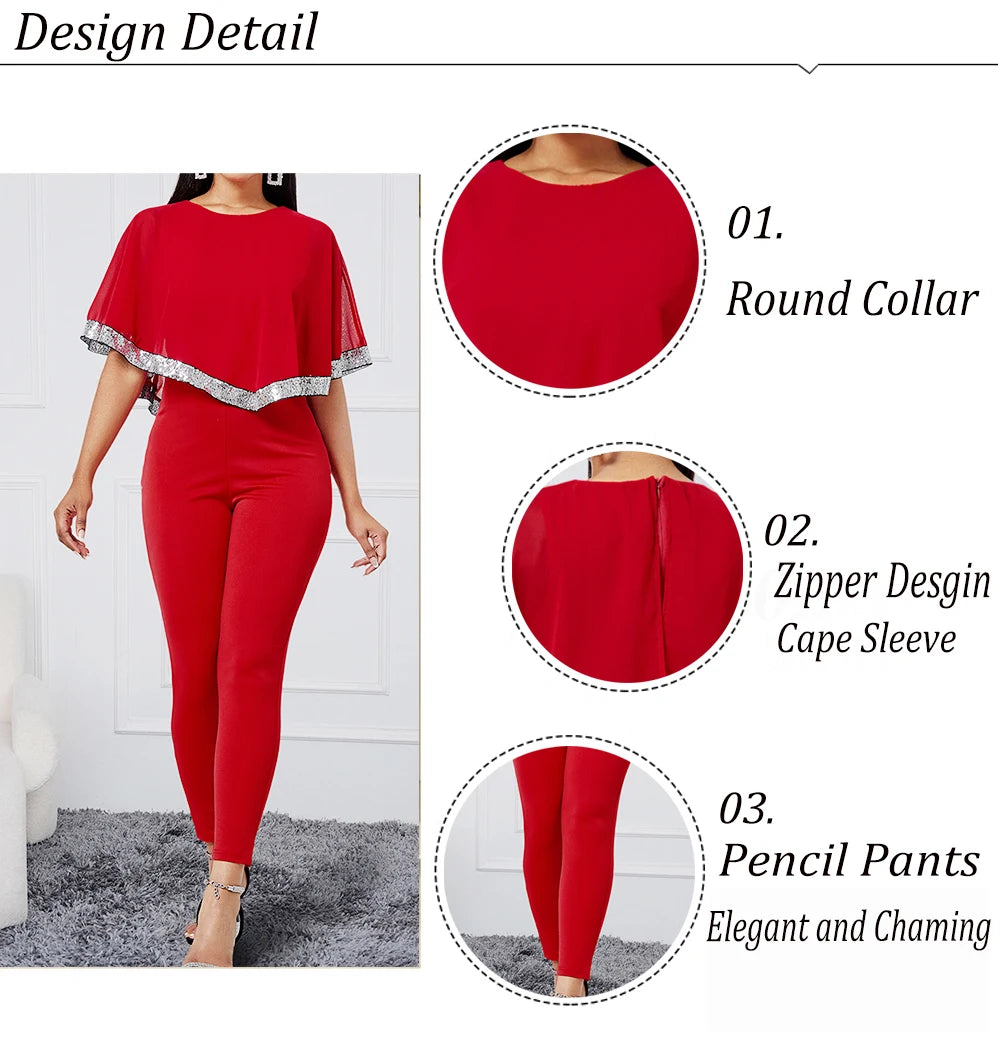 VITRCHP Jumpsuit for Women Autumn Fashion Party Overalls Contrast Sequin Cape Sleeve Tape Patch Elegant Work Bodycon Romper