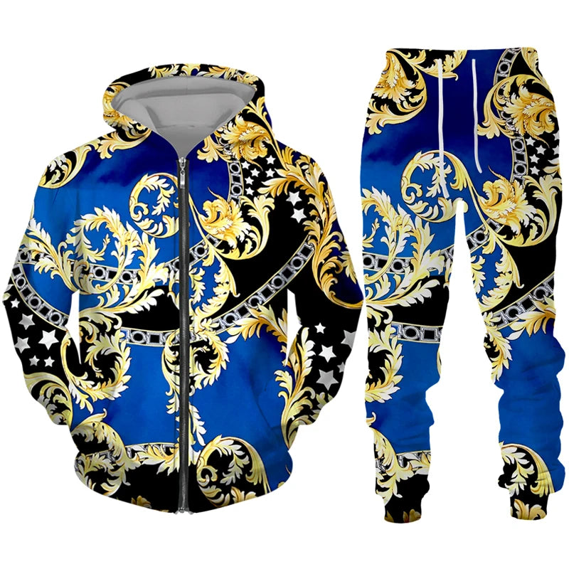 Luxury Golden Pattern 3D Print Men's Zipper Tracksuit Set Casual Hoodie+Pants 2pcs Sets Oversized Sweatshirt Fashion Men Clothes