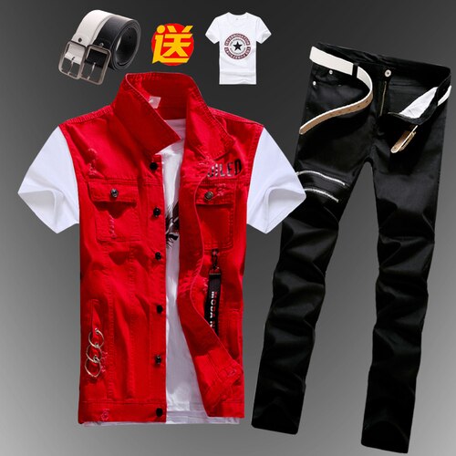 Mens Boys Casual Denim Vest Sleeveless Waistcoat Summer Jeans Pants Trousers Slim Fit Two Piece Set Summer