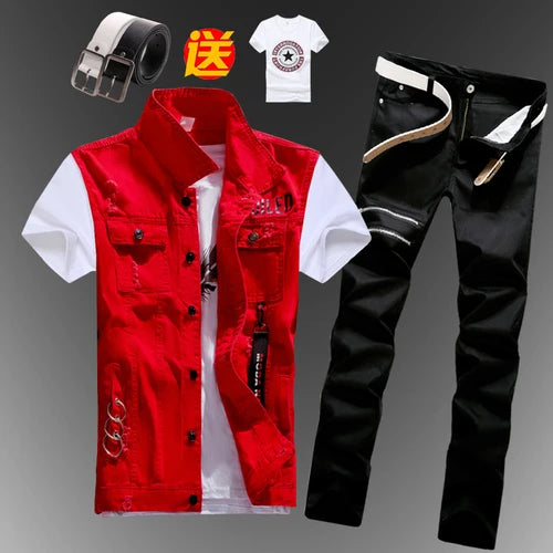 Mens Boys Casual Denim Vest Sleeveless Waistcoat Summer Jeans Pants Trousers Slim Fit Two Piece Set Summer