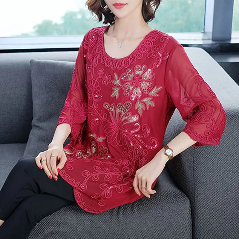 Vintage Floral Embroidery Applique Blouse Casual Loose Spring Summer 3/4 Sleeve Women's Clothing Stylish Sequined O-Neck Shirt