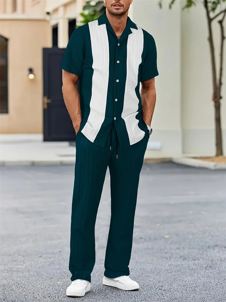2025 Autumn Geometric Color Block Printed Short-sleeved Set, 2pcs Daily Casual And Loose Men's Shirt Set, Casual And Fashionable