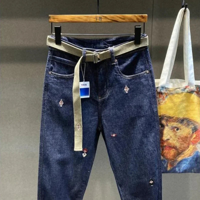 Man Cowboy Pants Embroidery Men's Jeans Cropped Harem Trousers Autumn Clothing Denim Plus Size 90s Streetwear Trend  Retro