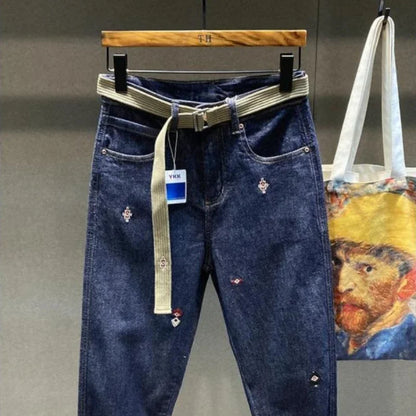 Man Cowboy Pants Embroidery Men's Jeans Cropped Harem Trousers Autumn Clothing Denim Plus Size 90s Streetwear Trend  Retro