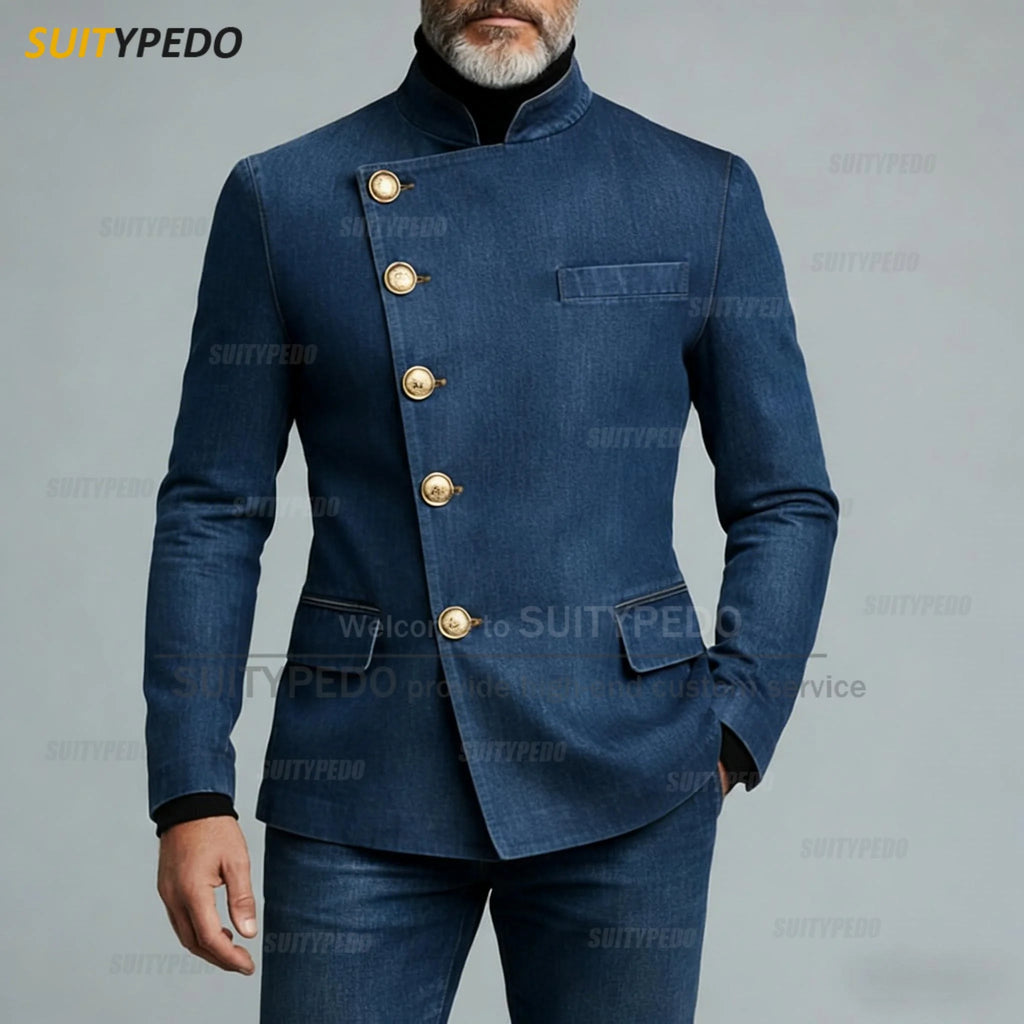 Fashion Denim Suits  Sets for Men High Quality Single Breasted Regular Length 2 Piece Jacket And Pants Casual Costumes Hommes