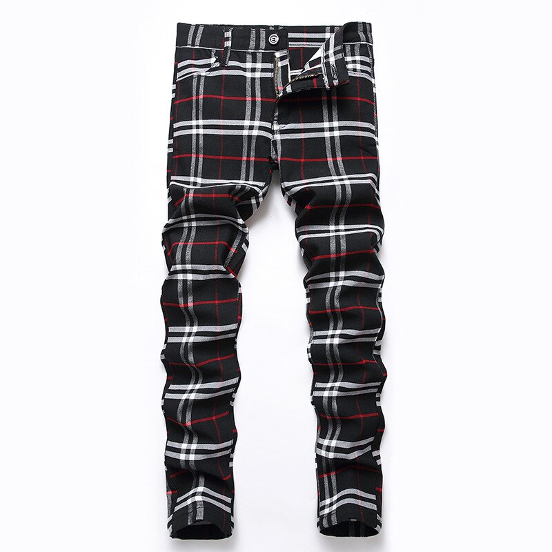 Original Design Men&#39;s Elastic Jeans British Style Personality Digital Printing Colour Plaid Middle Waist Leisure Slim Pants