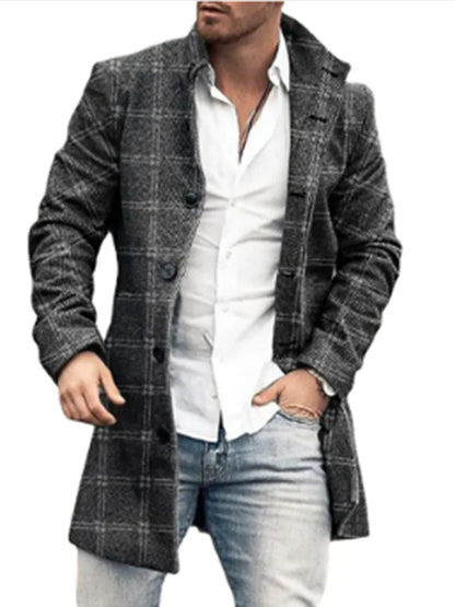Autumn Winter Woolen Printing Men's Coat Coat Windbreaker Long Sleeve Single Breasted Button Fashion Casual Jacket