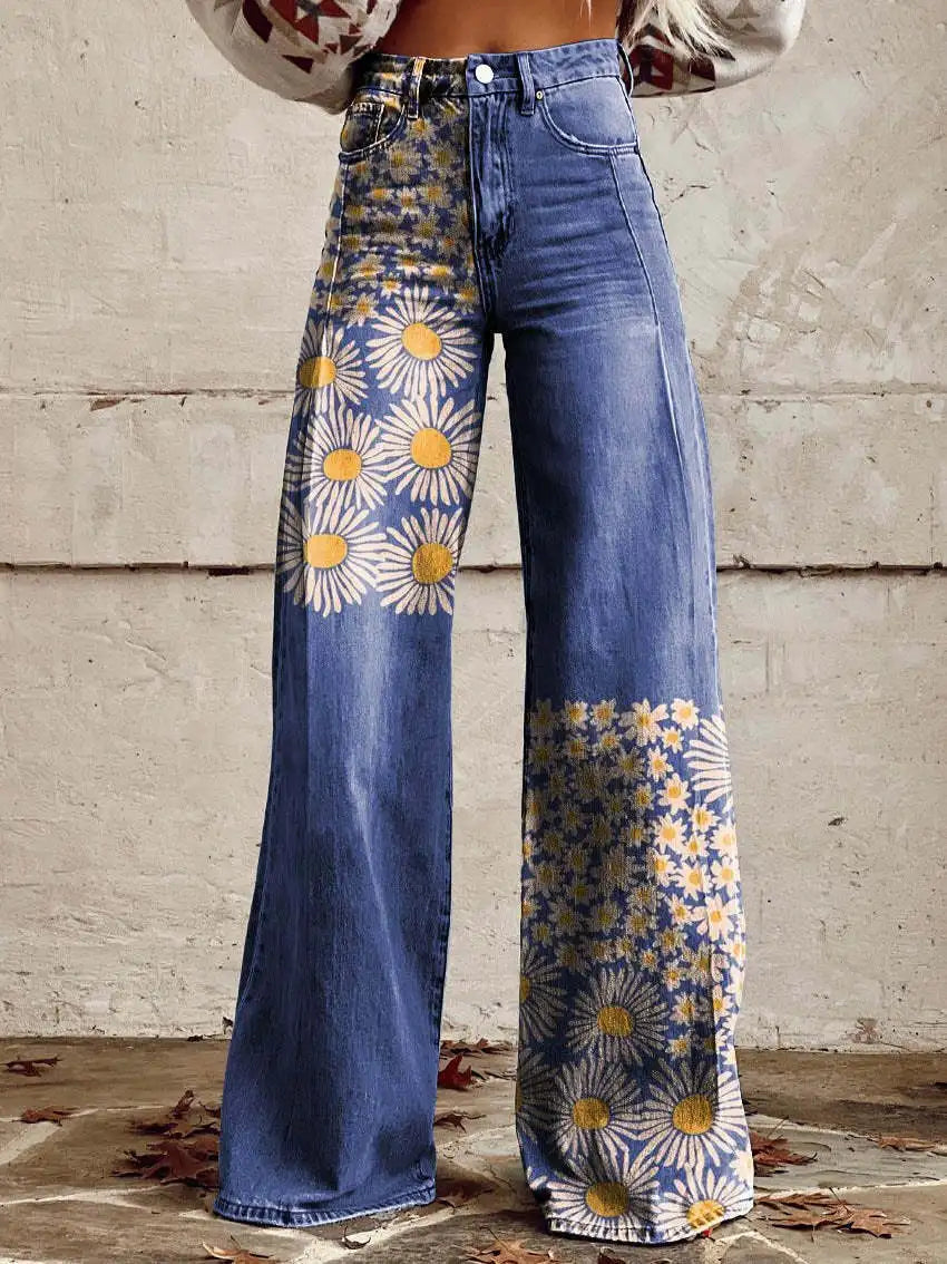Plus Size 3D Fashionable Women's Pants Y2k Street Women's Clothing Women's Casual Pants Printed iMitation Jeans Wide Legs