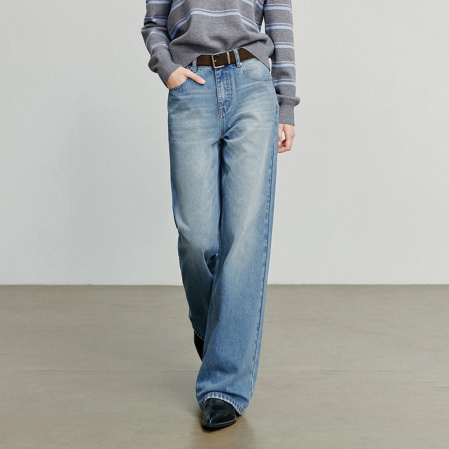 TOYOUTH Women Denim Jeans  Autumn New Cotton High Street Wide Leg Pants Gray