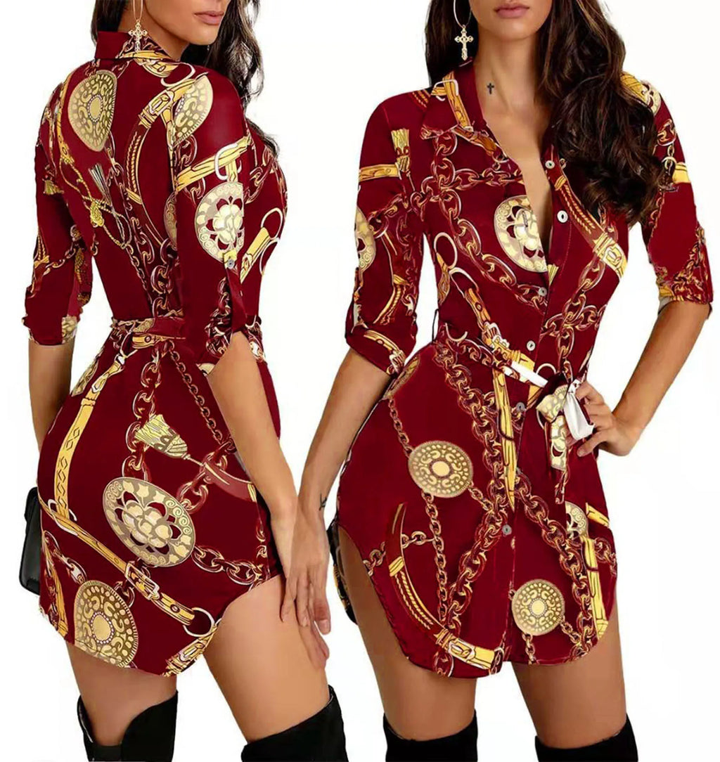 Autumn New Women's Dress Fashionable Sexy Gold Chain Slim Fit Printed Single Breasted Lace Up Waist Cinching Short Skirt