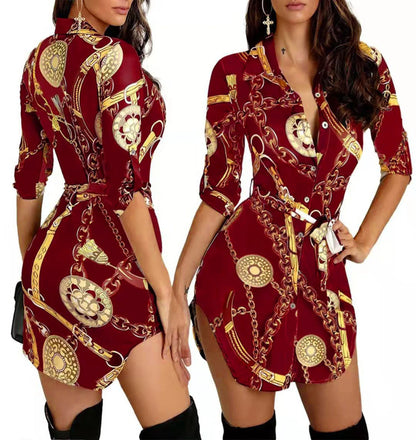 Autumn New Women's Dress Fashionable Sexy Gold Chain Slim Fit Printed Single Breasted Lace Up Waist Cinching Short Skirt