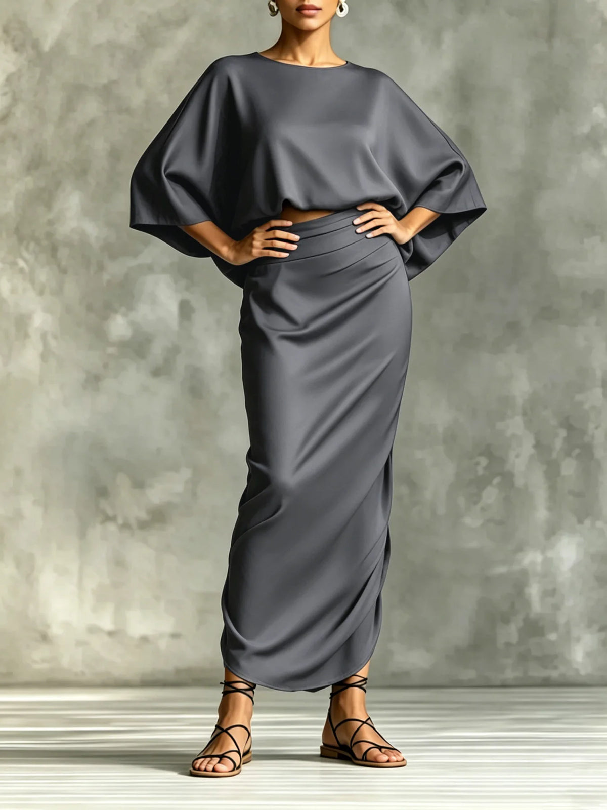 Two-Piece Woman High-Waist Chic Dress Set,  Round Neck Three-Quarter Sleeve Short Top and Skirt Set