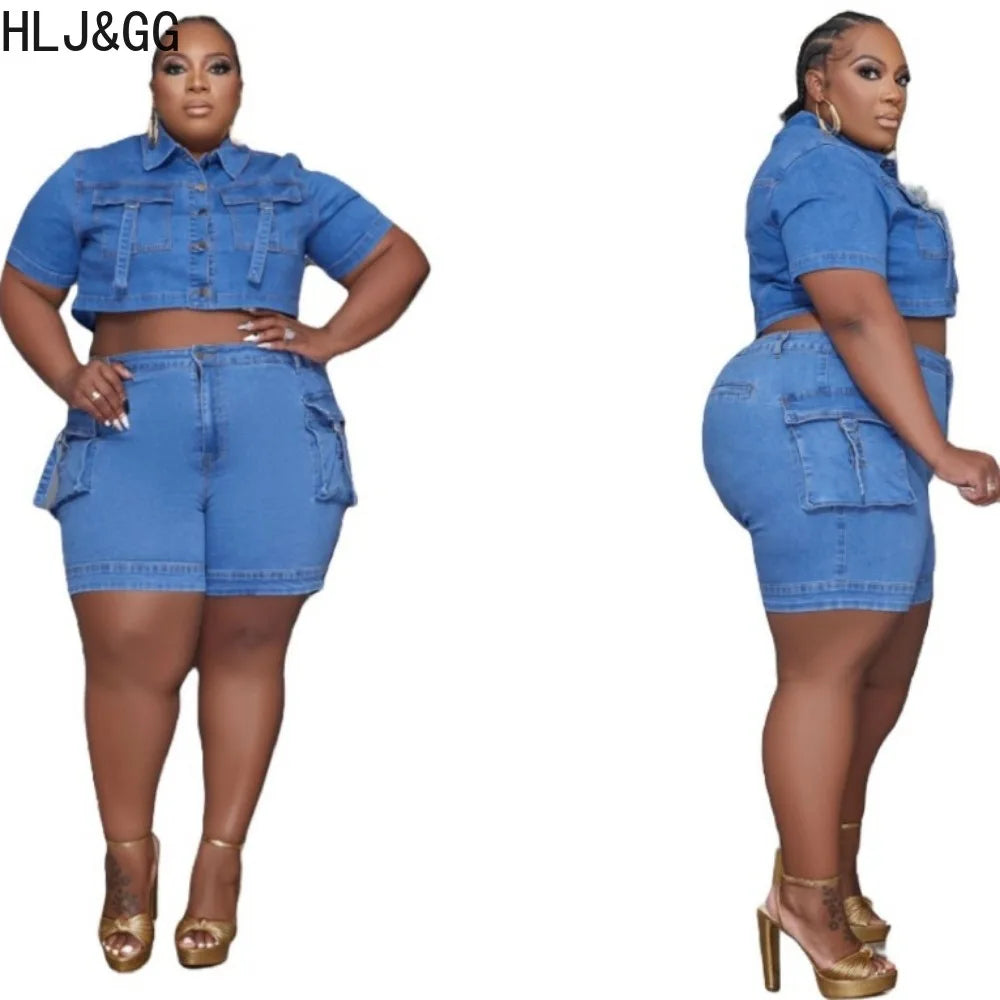 HLJ&GG Blue Plus Size Denim Shorts Two Piece Sets Women Turndown Collar Button Long Sleeve Crop Top And Shorts Cowboy Outfits