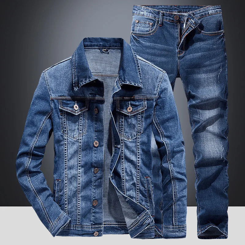 Spring Autumn Denim Suit Men's Slim Micro-stretch Two-piece Spring and Autumn Jacket Jeans