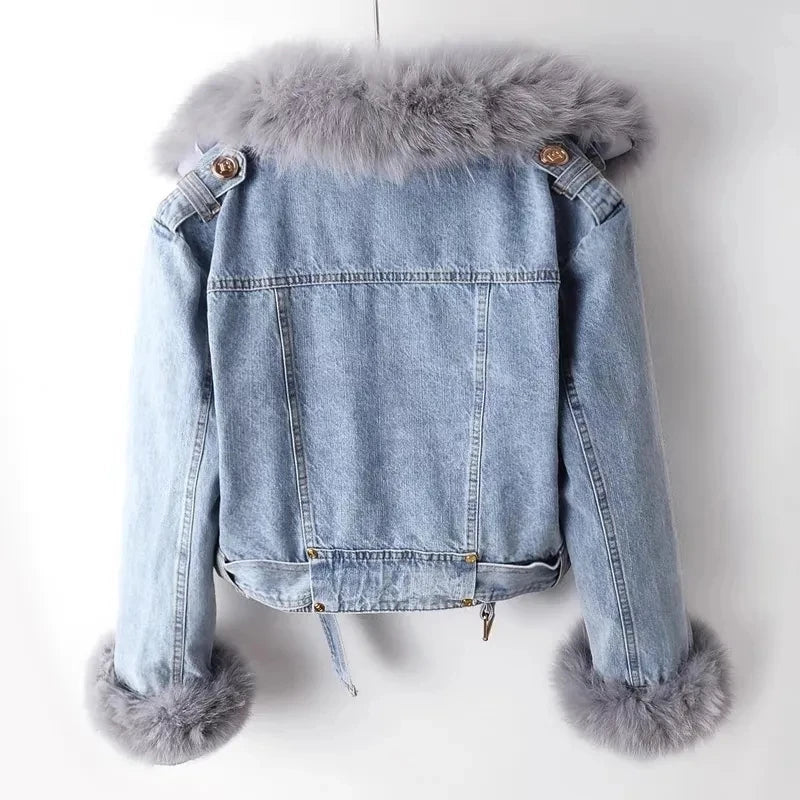 2023 New Women Faux Fox Fur Collar Jean Coat Winter Jacket Female Short Warm Parkas Rabbit Hair Lining Outwear Fashion Overcoat