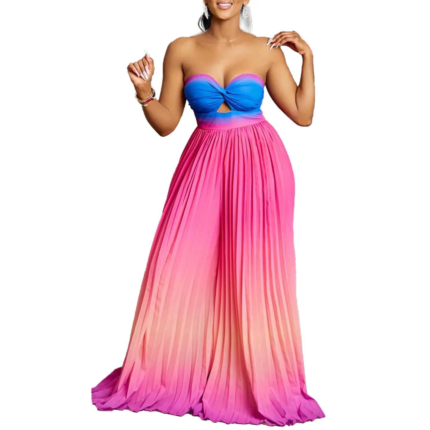 CM.YAYA Women Gradient Sleeveless Pleated Strapless Wide Leg Long Jumpsuits 2024 Summer Beach Fashion Street Sexy Outfit Rompers