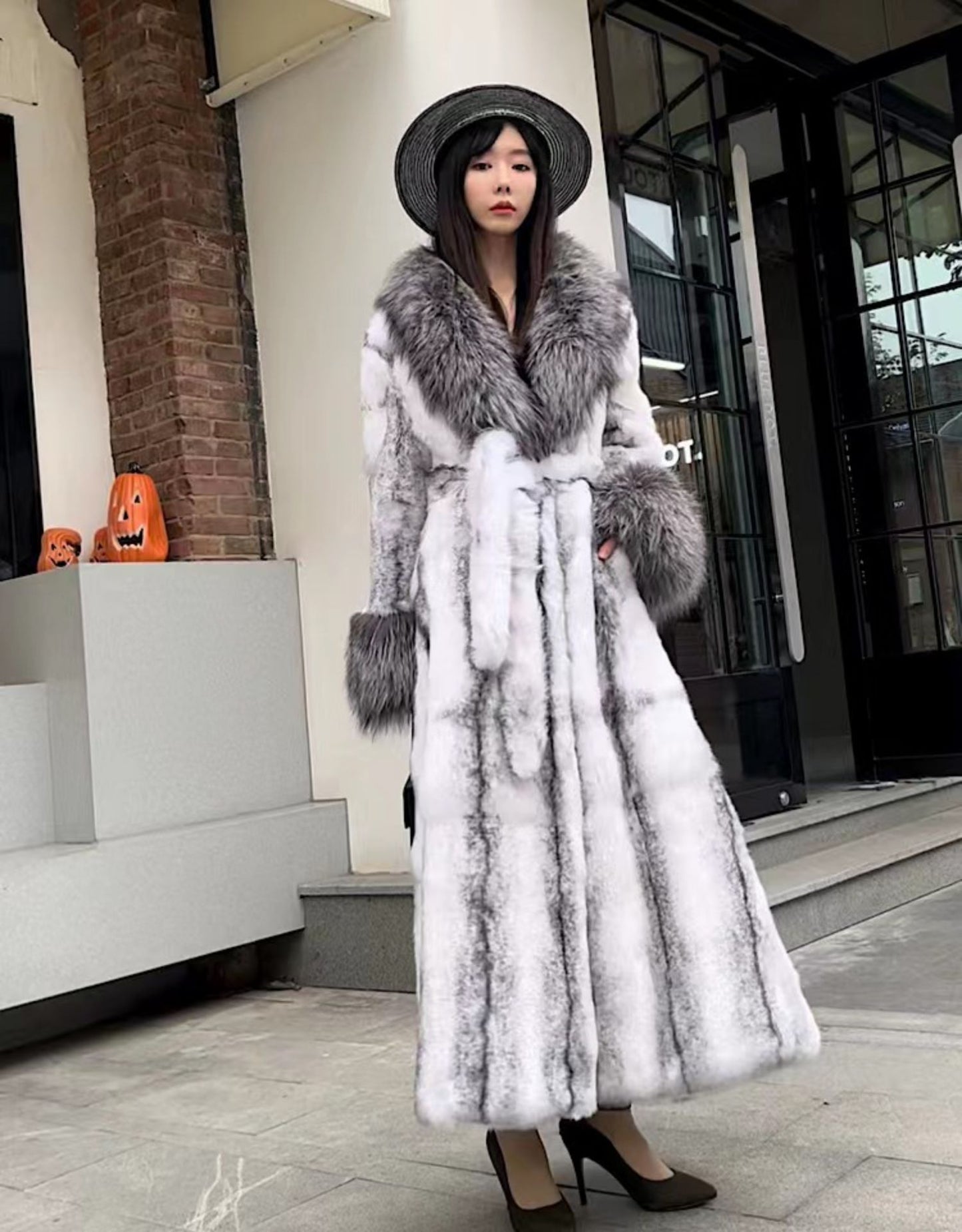 Furyoume Winter New Real Rabbit Fur Coat X-long Thick Warm Natural Fur Jacket With Fox Fur Collar/cuffs Luxury Fur Belt Fashion