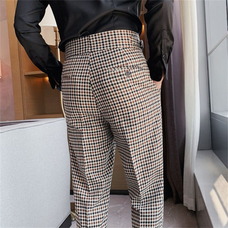 Bărbați 2023, primăvară toamnă, noua modă, pantaloni casual în carouri, pantaloni de costum slim fit pentru bărbați, pantaloni de stradă pentru afaceri sociale