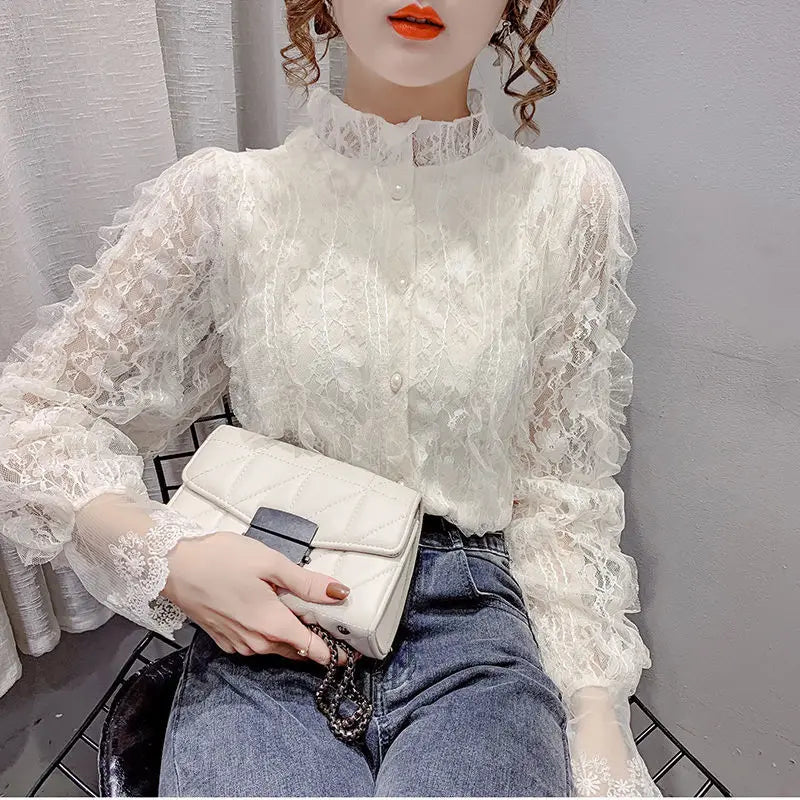 Lace Bottoming Shirt for Women's Spring Autumn New All-match Lace Cardigan French Stand-up Collar Long-sleeved Blouse Top