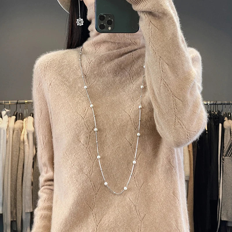 Jueqi cashmere sweater women's pile up collar pullover high neck sweater 100% pure wool base YSN-342