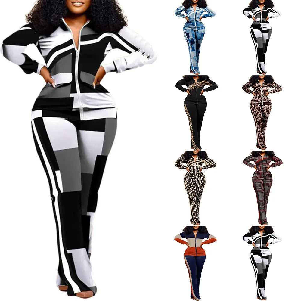 Spring Autumn Two Piece Sets Women Geometric Print Zip Up Top Coat Pants Set Outifits Fashion Tracksuit Casual Elegant Suit