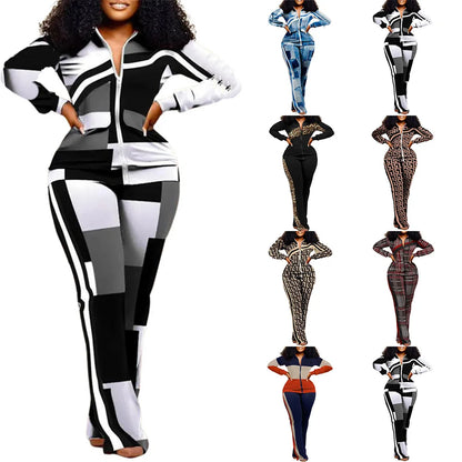Spring Autumn Two Piece Sets Women Geometric Print Zip Up Top Coat Pants Set Outifits Fashion Tracksuit Casual Elegant Suit