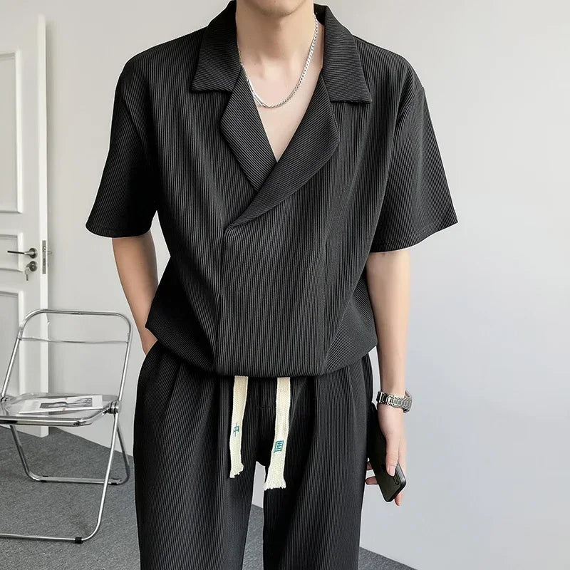 2023 Summer Pleated Sets Men Fashion Casual Short Sleeved T Shirt/Trousers Two-piece Mens Korean Loose Ice Silk Sets Men 3-color